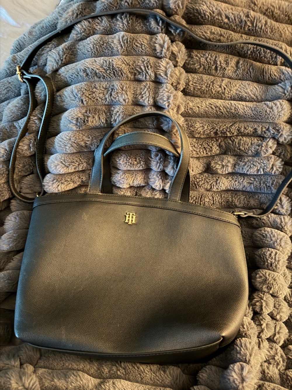Tommy Hilfiger Black Shoulder Tote with Gold Logo